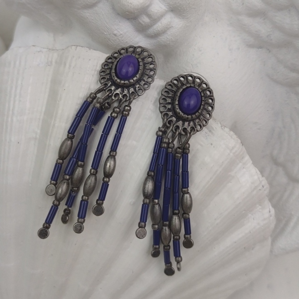Vintage Vibe Purple Stone & Bead Fringe Silver Tone Dangle Earrings